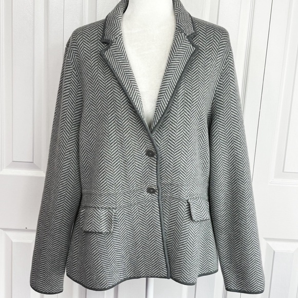 Talbots Gray Herringbone Print Merino Wool Two-Button Sweater Blazer XL - Picture 1 of 16